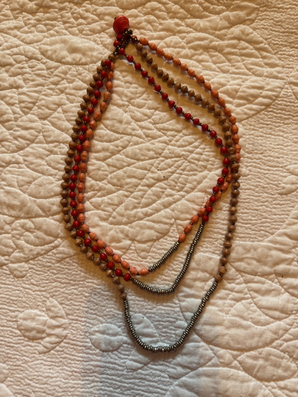 Multi-Strand Paper Beaded Necklace in Orange and Red with Metallic Accents